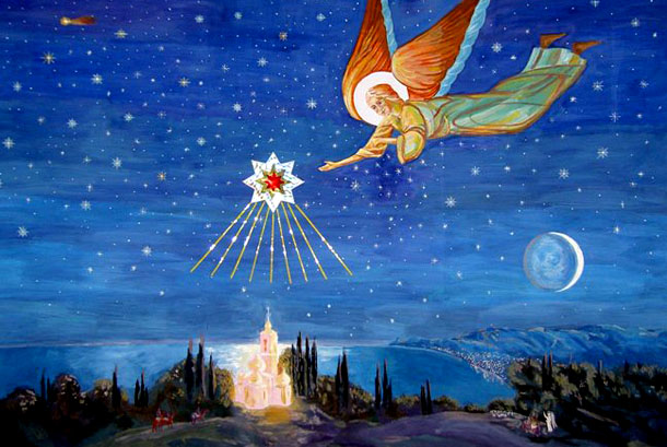 Стильна різдвяна листівка-малюнок - ангел, зійшла на небі перша зірка