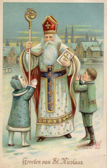 Гарна старовинна картинка з Різдвом Христовим англійською мовою з святим Миколаєм