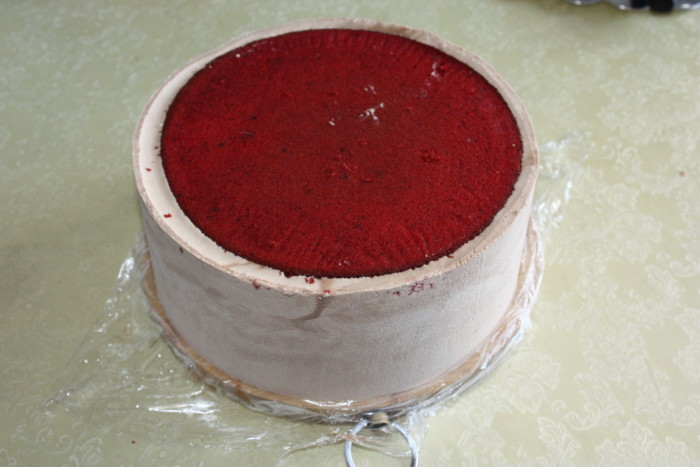Муссово-бісквітний торт з різними начинками, покритий велюром і гляссажем