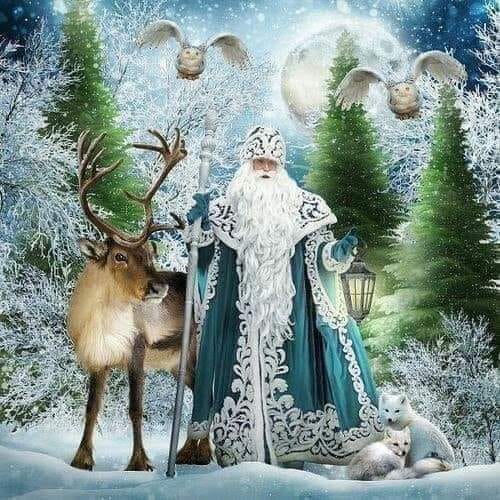 Вітальна відкритка до Нового року - Дід Мороз, олень, звірі, зимова природа