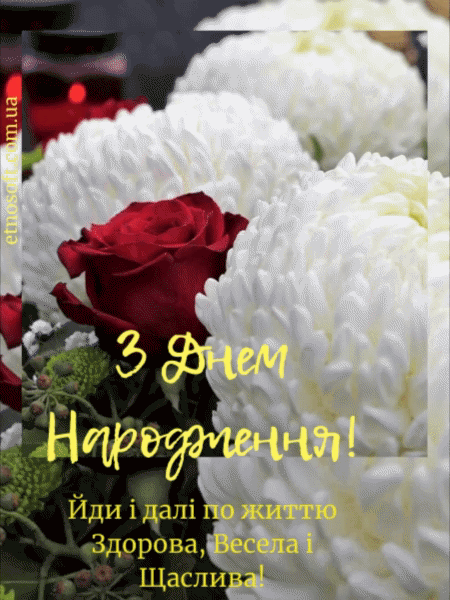 Нова гарна анімаційна листівка з Днем Народження з великими хризантемами та трояндою